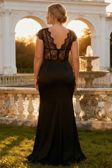 Black V Neck Plus Size Corset Mermaid Long Prom Dress with Slit