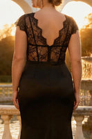 Load image into Gallery viewer, Black V Neck Plus Size Corset Mermaid Long Prom Dress with Slit