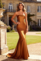 Load image into Gallery viewer, Burnt Orange Satin Strapless Mermaid Long Formal Dress