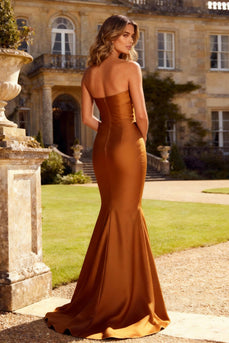 Burunt Orange Satin Strapless Mermaid Long Formal Dress