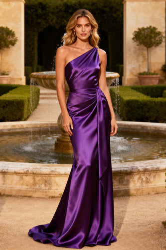 Purple One Shoulder Mermaid Satin Maxi Formal Dress with Sash