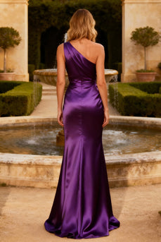 Purple One Shoulder Mermaid Satin Maxi Formal Dress with Sash
