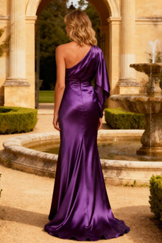 Purple One Shoulder Mermaid Satin Long Prom Dress