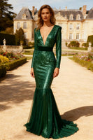 Load image into Gallery viewer, Sparkly Dark Green V Neck Mermaid Long Prom Dress with Sequins
