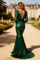 Load image into Gallery viewer, Sparkly Dark Green V Neck Mermaid Long Prom Dress with Sequins
