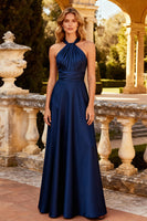 Load image into Gallery viewer, Navy A Line Halter Satin Long Formal Dress