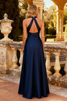 Load image into Gallery viewer, Navy A Line Halter Satin Long Formal Dress
