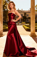 Load image into Gallery viewer, Burgundy Satin Strapless Maxi Mermaid Formal Dress with Cape