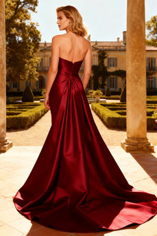 Burgundy Satin Strapless Maxi Mermaid Formal Dress with Cape