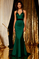 Load image into Gallery viewer, Dark Green Halter Satin Mermaid Maxi Prom Dress with Bows