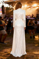 Load image into Gallery viewer, Sparkly White Shawl Lapel Long Sequin Blazer Prom Dress with Slit