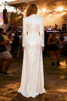 Sparkly White Shawl Lapel Long Sequin Blazer Prom Dress with Slit