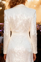 Load image into Gallery viewer, Sparkly White Shawl Lapel Long Sequin Blazer Prom Dress with Slit