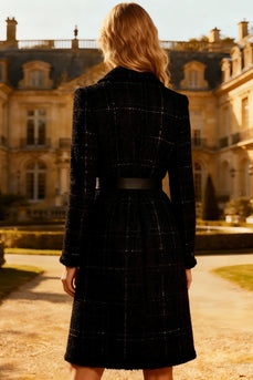 Black Tweed Midi Notched Lapel Blazer Dress with Belt