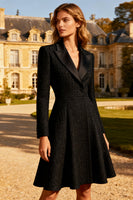 Load image into Gallery viewer, Black Tweed Peak Lapel A Line Midi Blazer Dress with Sleeves