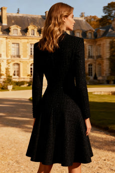 Black Tweed Peak Lapel A Line Midi Blazer Dress with Sleeves