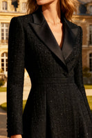 Load image into Gallery viewer, Black Tweed Peak Lapel A Line Midi Blazer Dress with Sleeves