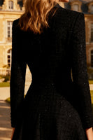 Load image into Gallery viewer, Black Tweed Peak Lapel A Line Midi Blazer Dress with Sleeves