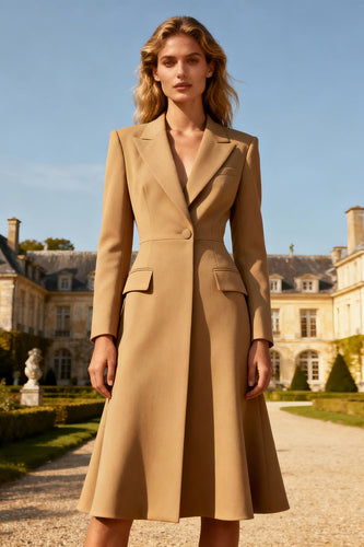 Khaki A Line Peak Lapel Midi Blazer Dress with Sleeves