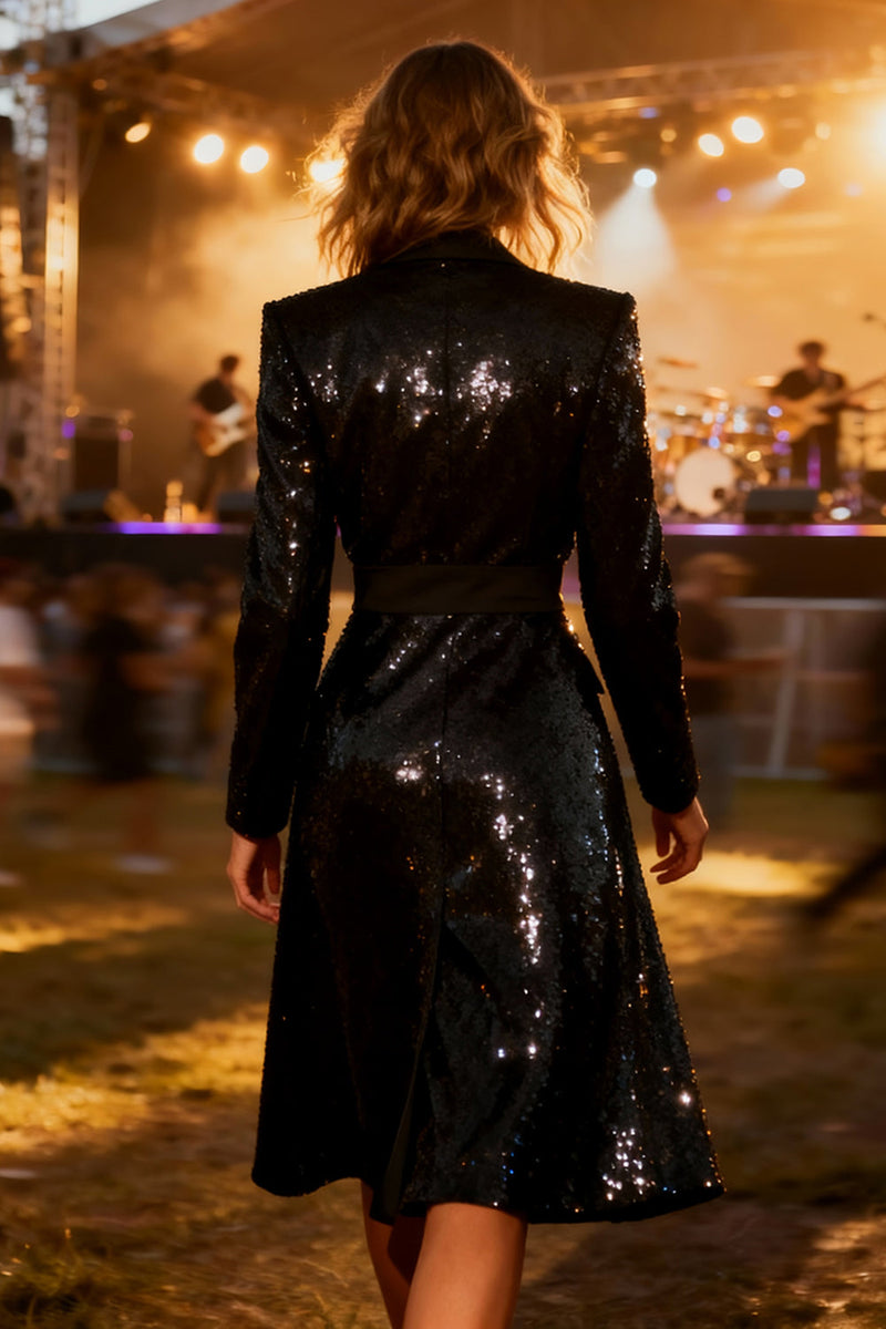 Load image into Gallery viewer, Sparkly Black Notched Lapel Sequin Midi Blazer Dress with Sleeves