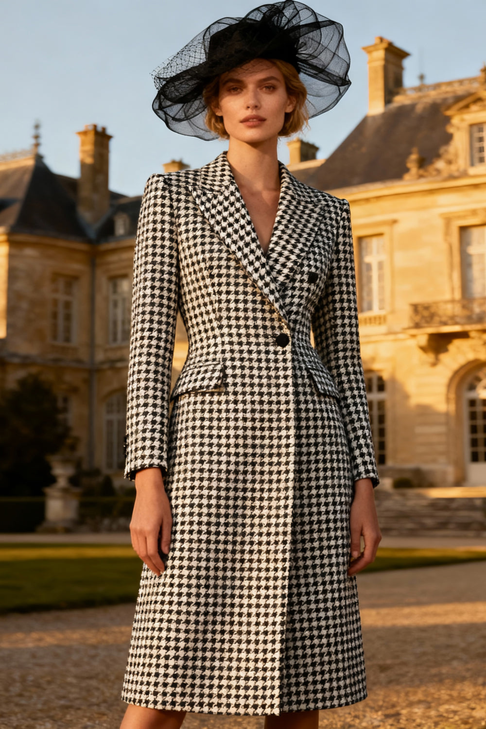 Black and White Gingham Peak Lapel Midi Blazer Dress with Buttons