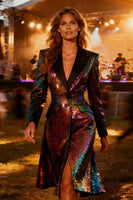 Load image into Gallery viewer, Sparkly Burgundy Peak Lapel Sequin Midi Blazer Dress