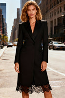 Load image into Gallery viewer, Peak Lapel Black Midi Blazer Dress with Lace