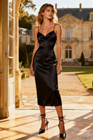 Load image into Gallery viewer, Bodycon Black Spaghetti Straps Midi Semi Formal Dress
