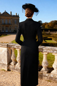 Black Double Breasted Peak Lapel Pencil Midi Blazer Dress with Slit