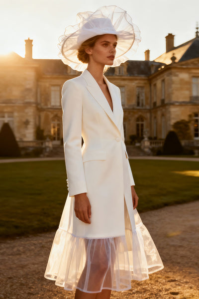 White Peak Lapel A Line Midi Blazer Wedding Dress