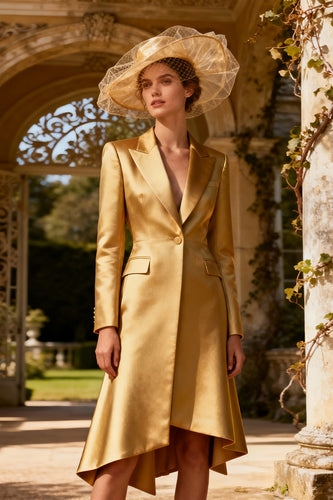 Peak Lapel Gold Midi Blazer Dress with Sleeves