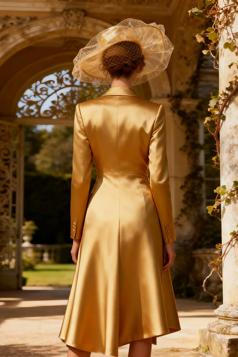 Load image into Gallery viewer, Peak Lapel Gold Midi Blazer Dress with Sleeves