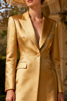 Load image into Gallery viewer, Peak Lapel Gold Midi Blazer Dress with Sleeves