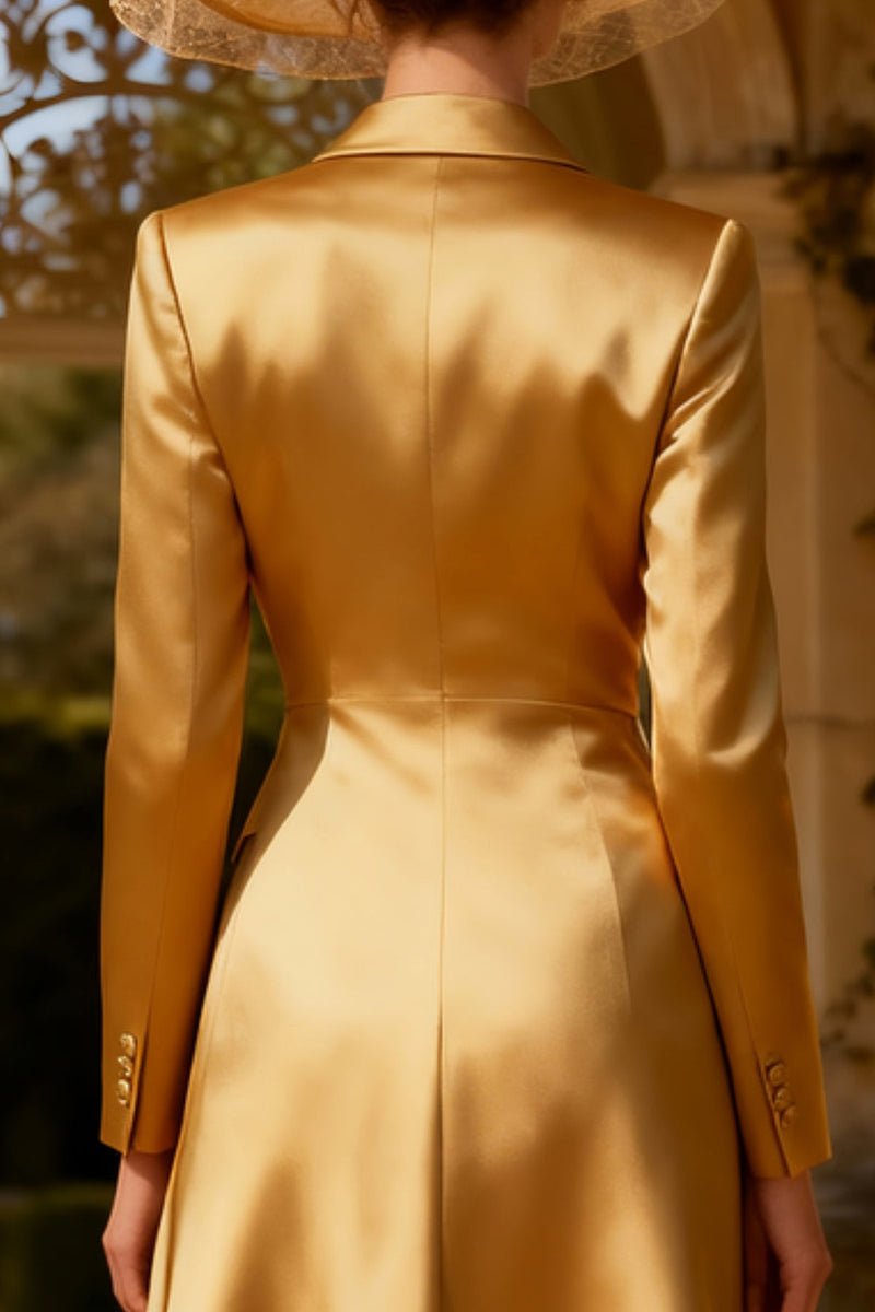 Load image into Gallery viewer, Peak Lapel Gold Midi Blazer Dress with Sleeves