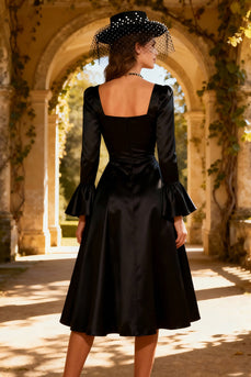 A-Line Satin Square Neck Little Black Dress