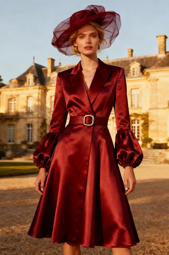 Burgundy Peak Lapel Satin Midi Blazer Dress with Belt