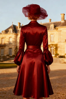 Burgundy Peak Lapel Satin Midi Blazer Dress with Belt