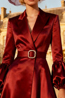 Load image into Gallery viewer, Burgundy Peak Lapel Satin Midi Blazer Dress with Belt