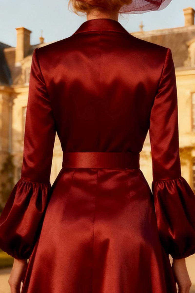 Load image into Gallery viewer, Burgundy Peak Lapel Satin Midi Blazer Dress with Belt