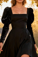 Load image into Gallery viewer, Square Neck Long Sleeves A-Line Little Black Dress