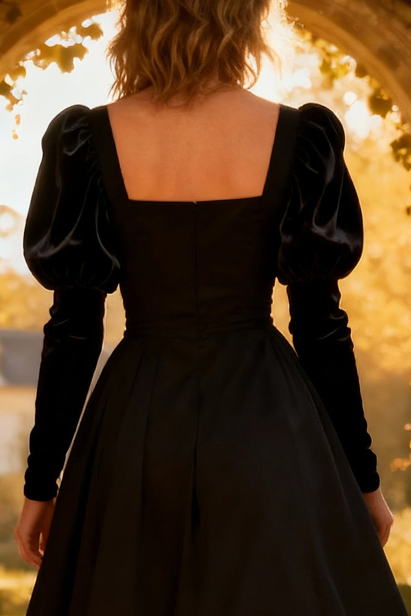 Load image into Gallery viewer, Square Neck Long Sleeves A-Line Little Black Dress