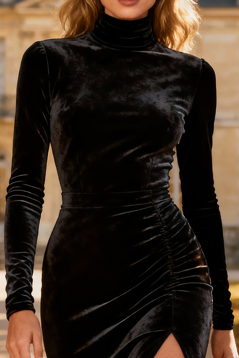 Load image into Gallery viewer, Velvet Black Bodycon Midi Holiday Party Dress with Slit