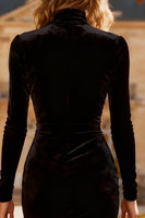 Load image into Gallery viewer, Velvet Black Bodycon Midi Holiday Party Dress with Slit