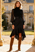 Load image into Gallery viewer, Long Sleeves High Neck Bodycon Little Black Dress with Ruffles