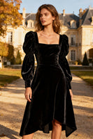 Load image into Gallery viewer, Black Velvet A-Line Square Neck Midi Holiday Party Dress