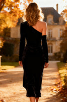 Load image into Gallery viewer, Velvet Black One Shoulder Midi Holiday Party Dress with Slit