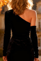 Load image into Gallery viewer, Velvet Black One Shoulder Midi Holiday Party Dress with Slit