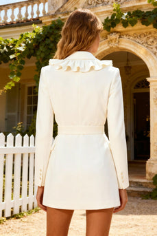 White Ruffled Shawl Lapel Mini Blazer Wedding Dress with Belt