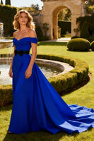 Load image into Gallery viewer, Royal Blue A Line Off the Shoulder Maxi Prom Dress with Bow