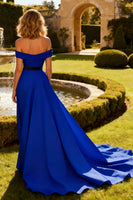 Load image into Gallery viewer, Royal Blue A Line Off the Shoulder Maxi Prom Dress with Bow